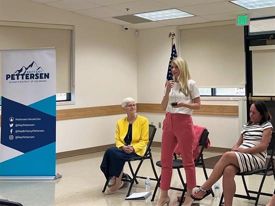 Rep. Pettersen speaks at a town hall in Westminster